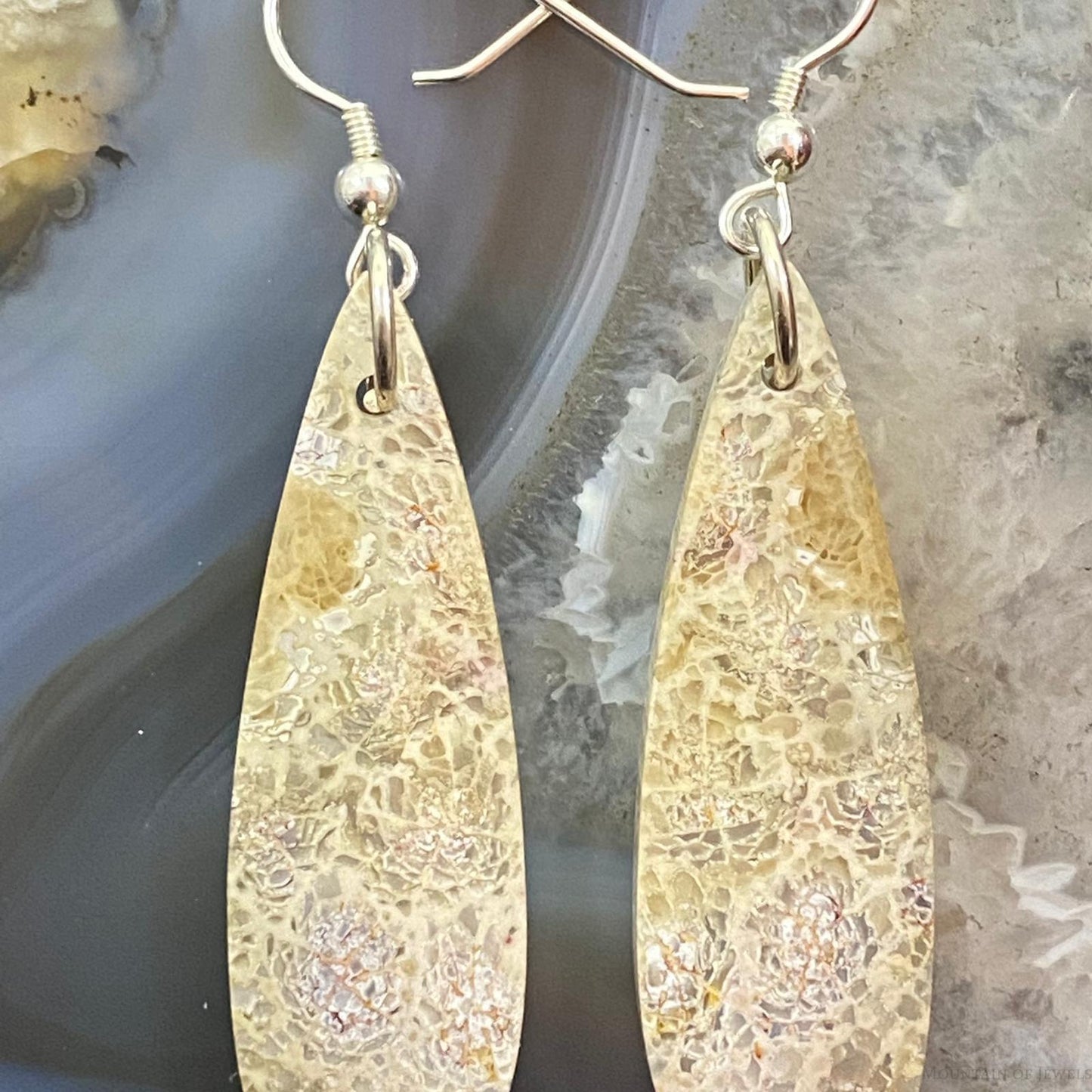 Sterling Silver Teardrop Fossilized Coral Slab Dangle Earrings For Women #115