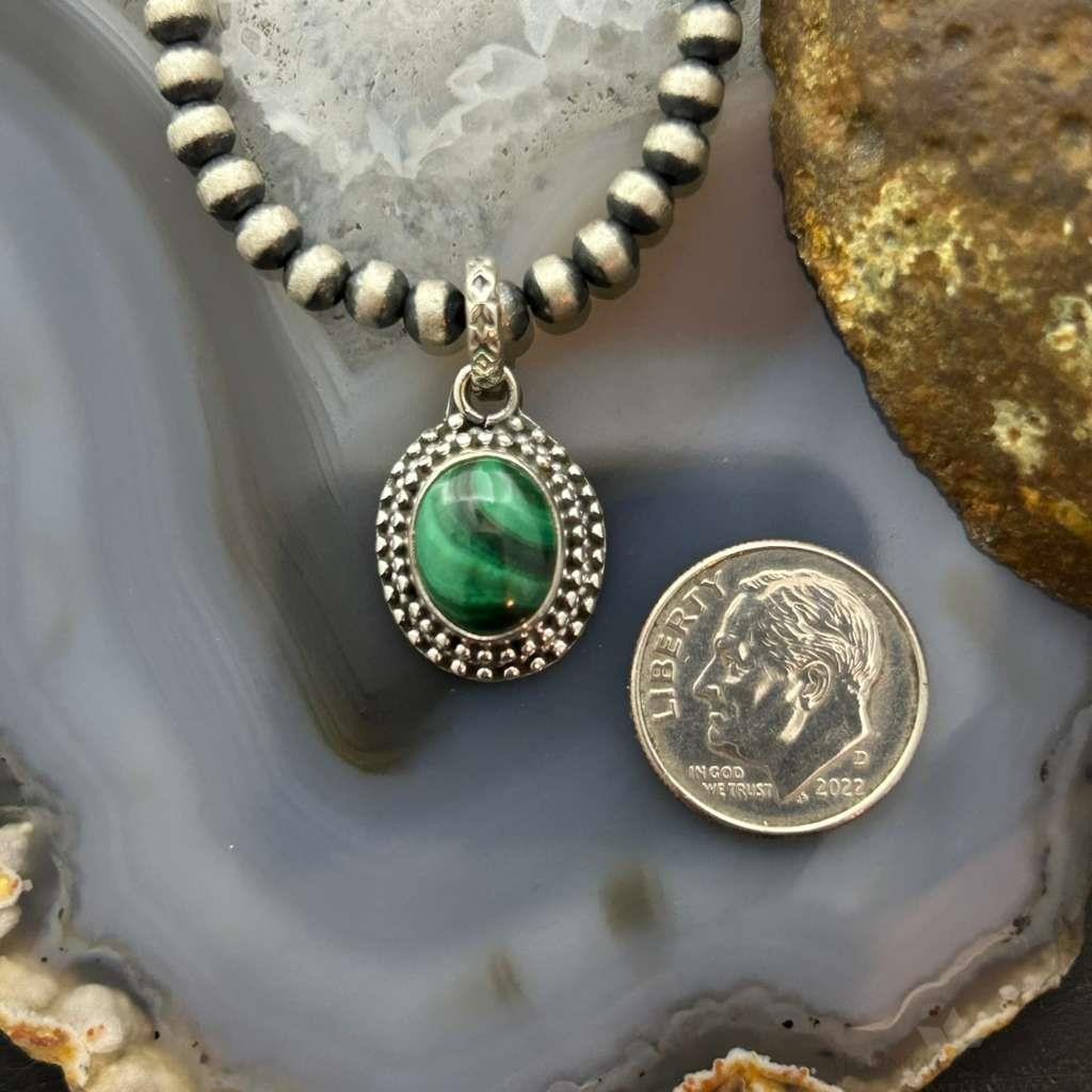 Sterling Silver Southwestern Style Oval Malachite Decorated Charm/Pendant For Women