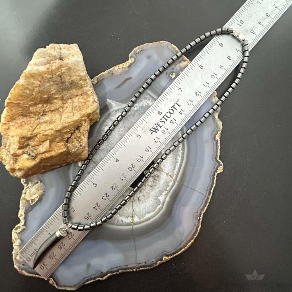 Hematite Beads with Hematite Fang Pendant Unisex 16" Necklace