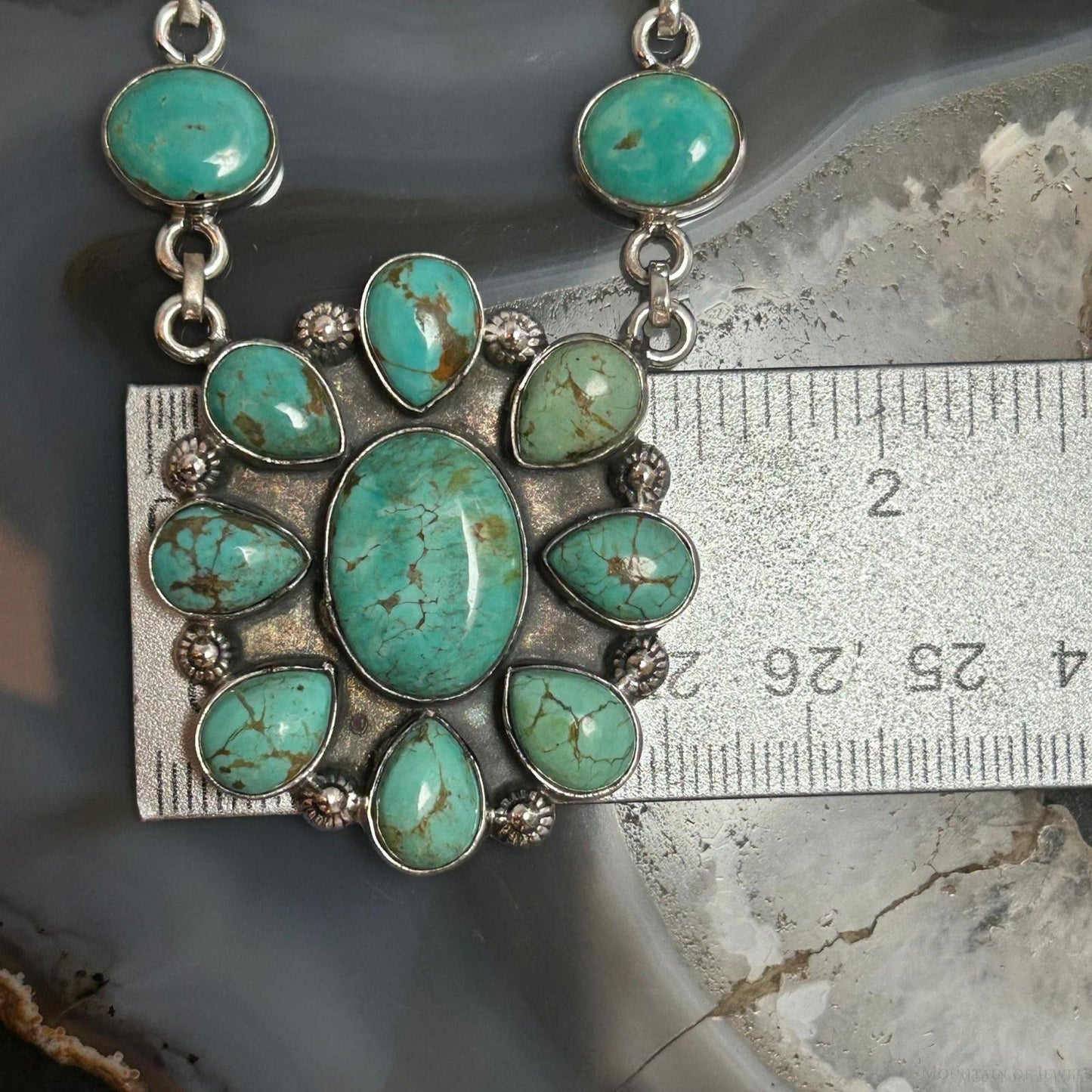 Sterling Silver Southwestern Style Tyrone Turquoise Cluster 18" Necklace For Women