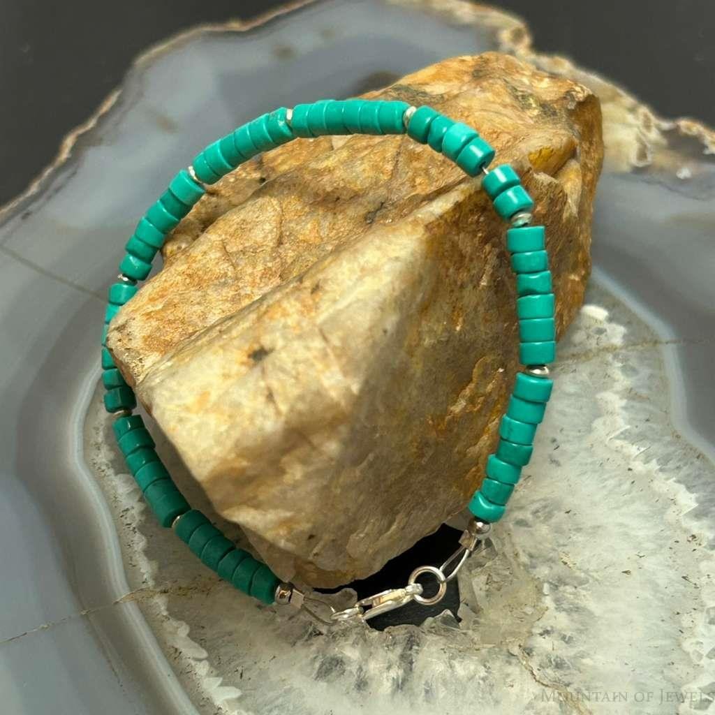 Sterling Silver Turquoise Disk Beads w/Silver Beads 7.5" Bracelet For Women