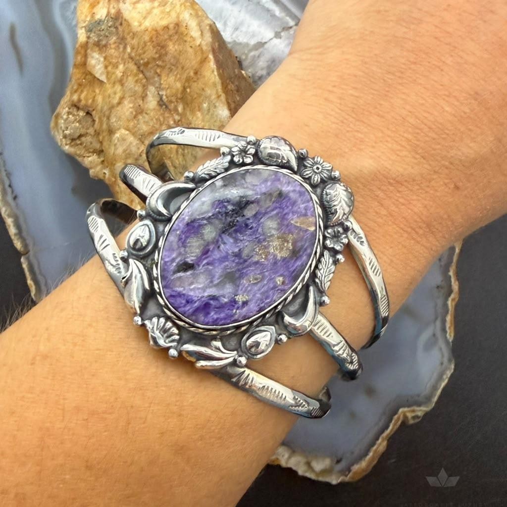 Sterling Silver Southwestern Style Oval Charoite Decorated Bracelet For Women