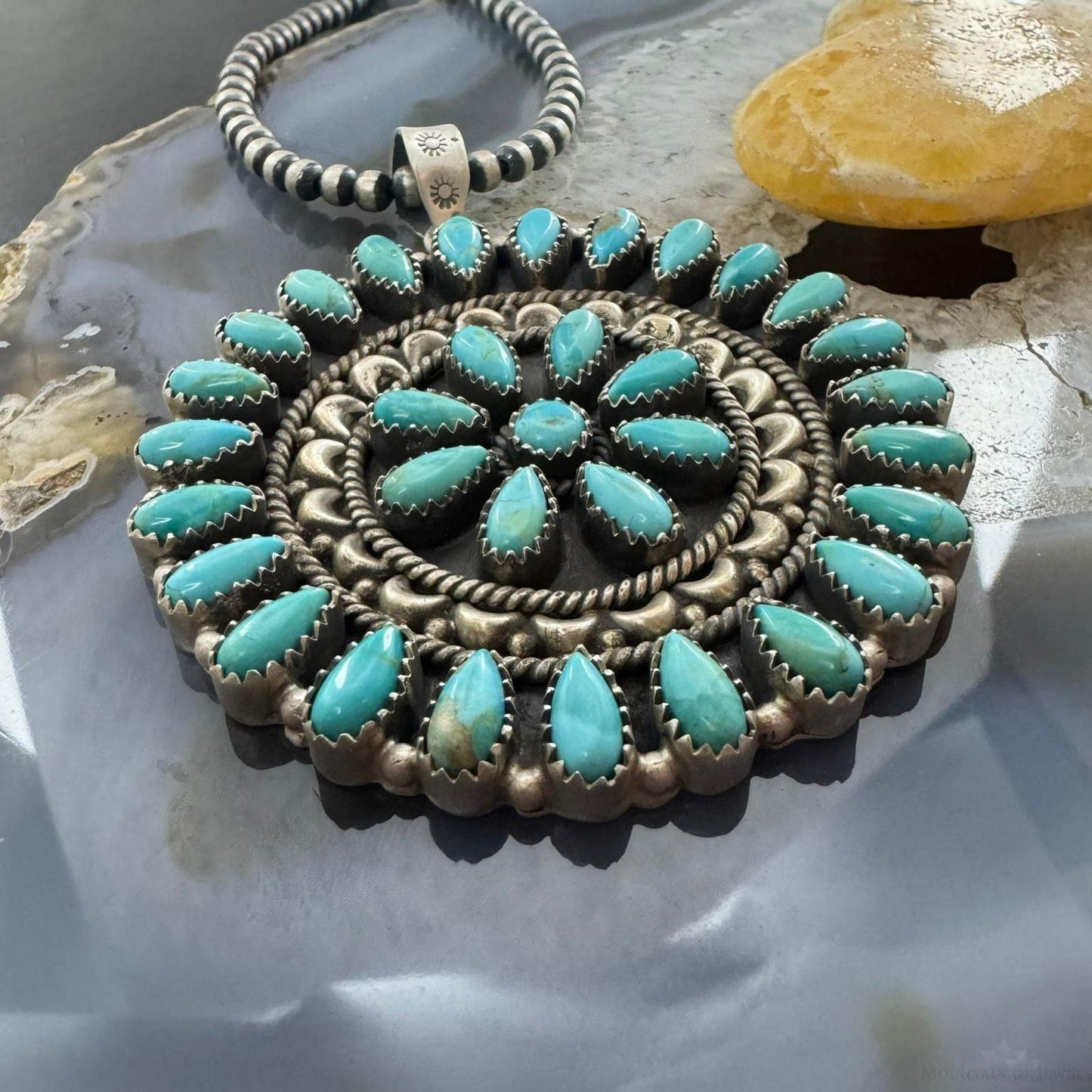 Southwestern Style Sterling Silver Turquoise Decorated Round Cluster Pendant For Women