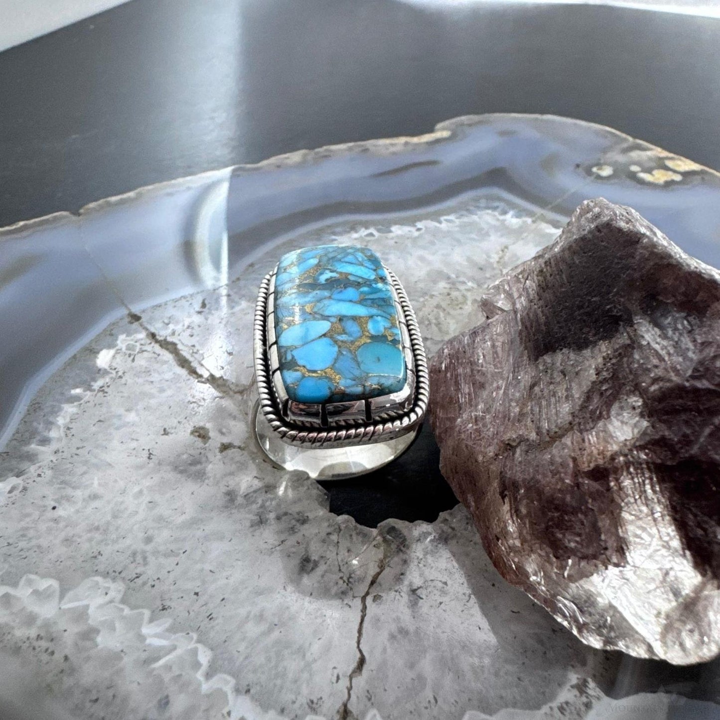 Sterling Silver Southwestern Style Blue Copper Turquoise Ring Size 9.25 For Women