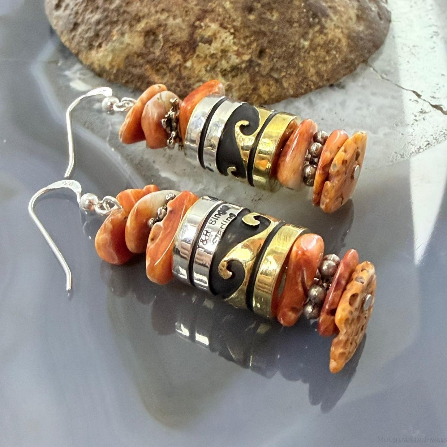 Tommy & Rosita Singer Sterling Silver Orange Spiny Oyster Beads Dangle Earrings For Women