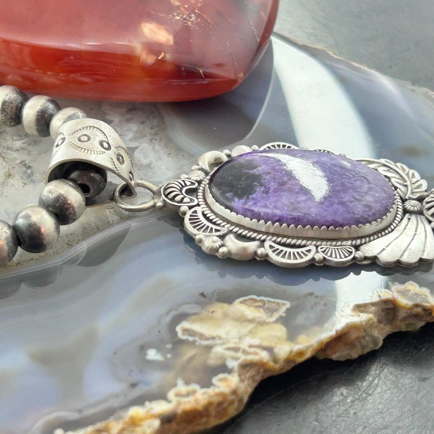 Sterling Silver Southwestern Style Oval Charoite Decorated Pendant For Women