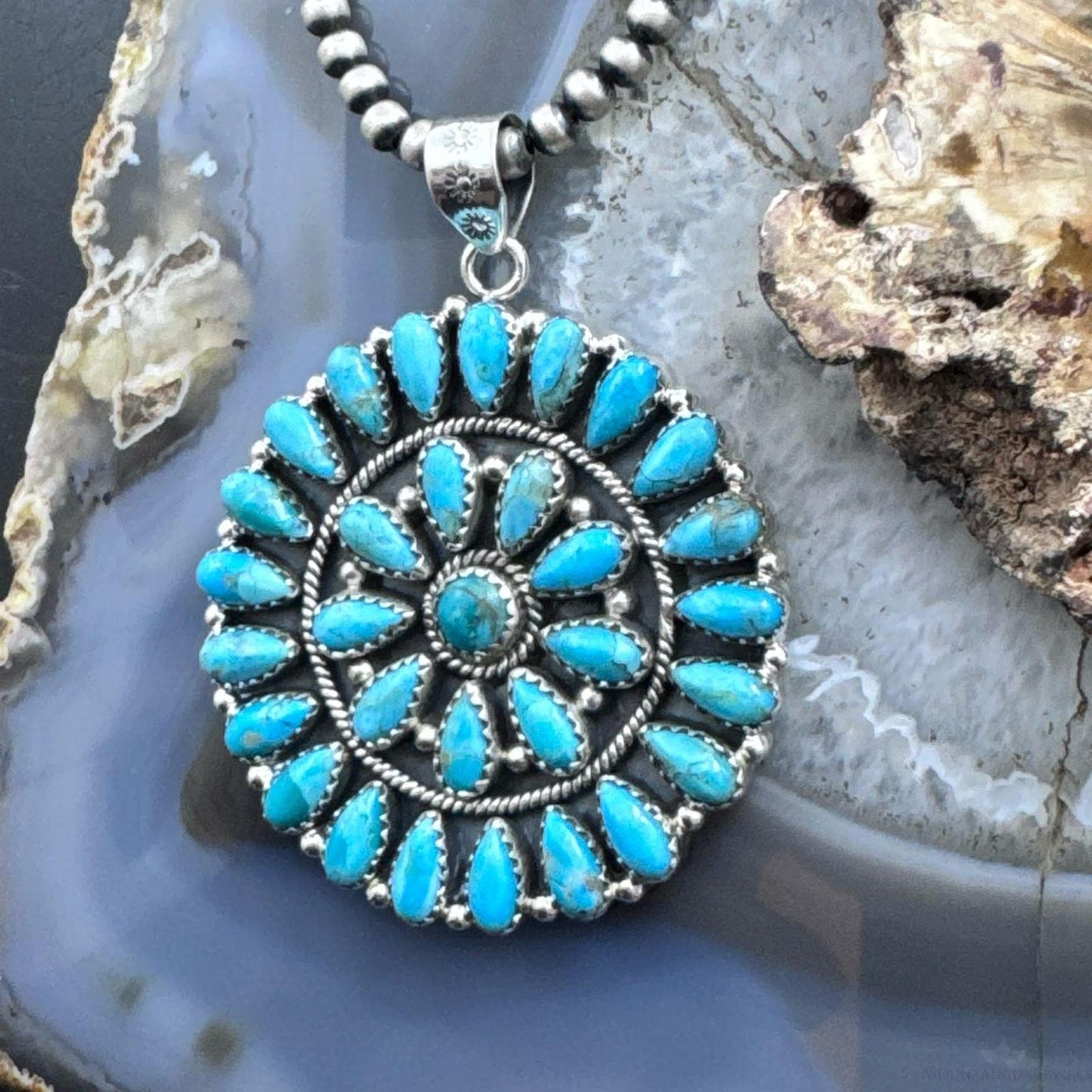 Sterling Silver Southwestern Style Teardrop Turquoise Round Cluster Pendant For Women