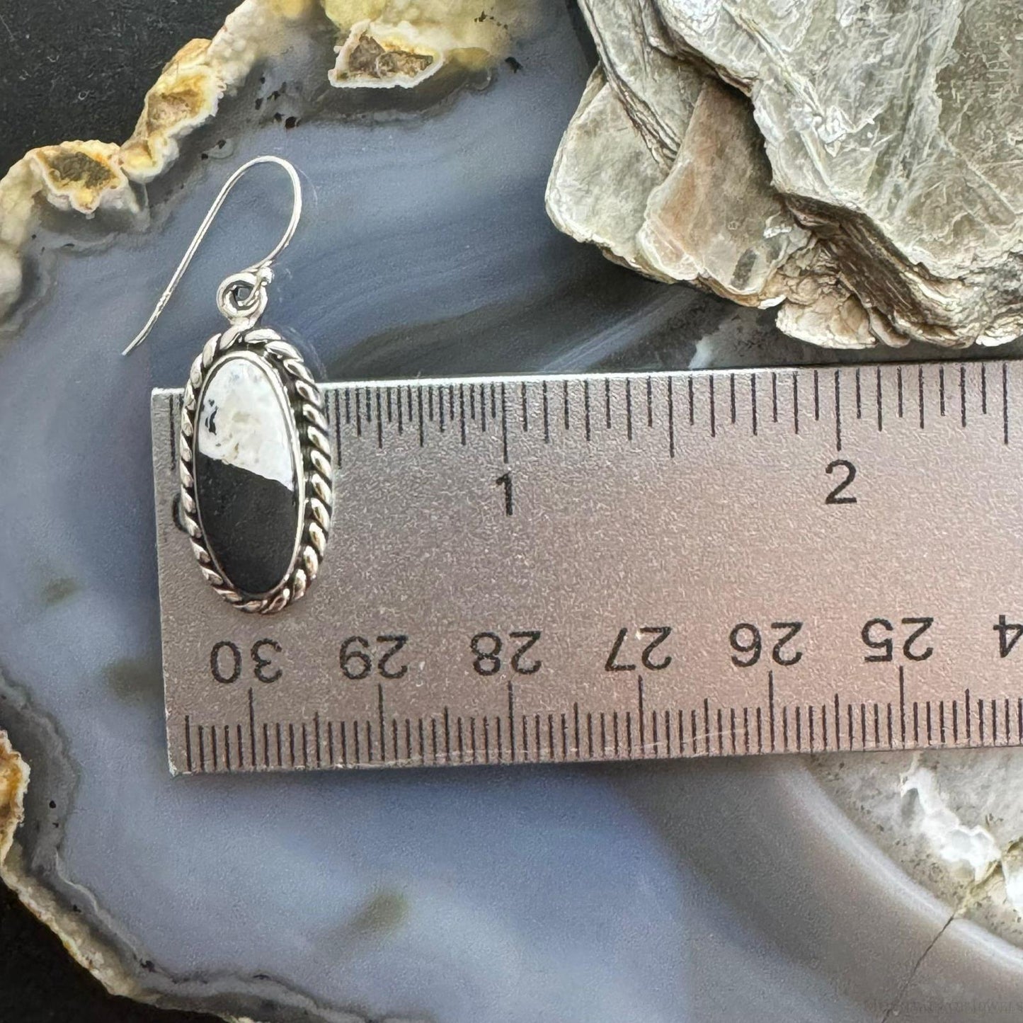 Native American Sterling Silver Oval White Buffalo Dangle Earrings For Women.