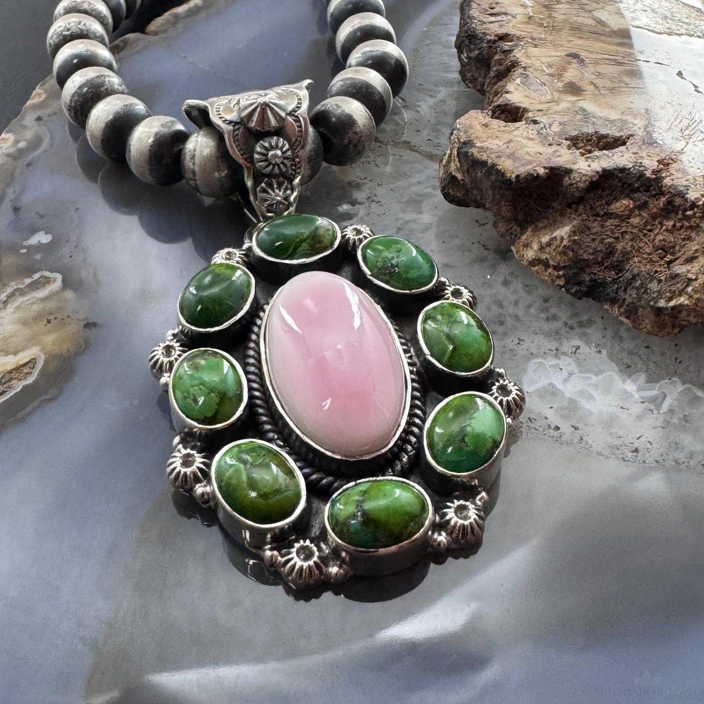 Native American Sterling Silver Sonora Gold Turquoise & Pink Conch Cluster Pendant For Women