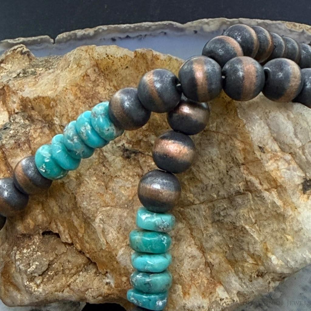 Southwestern Style Copper 8mm Round Navajo Pearl Beades &Turquoise Disk Necklace For Women