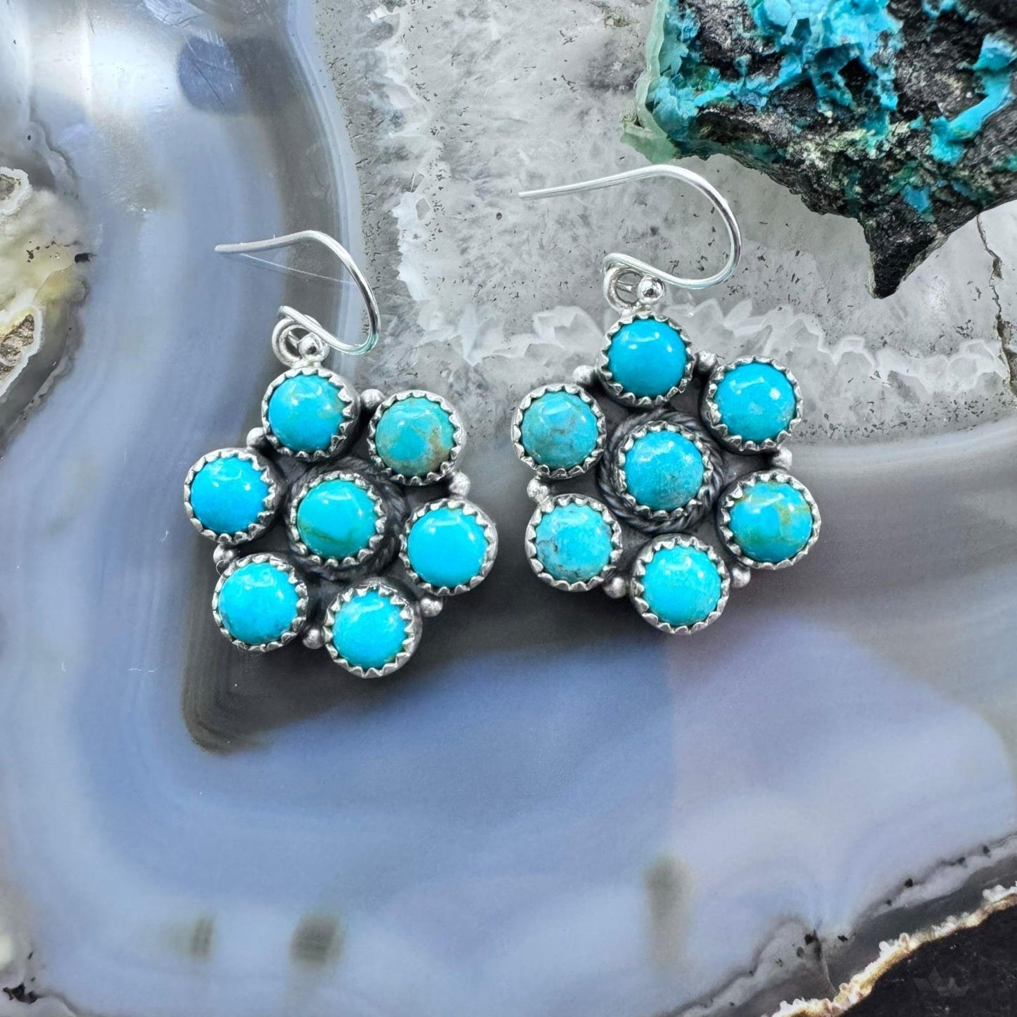 Native American Sterling Kingman Turquoise Cluster Dangle Earrings For Women