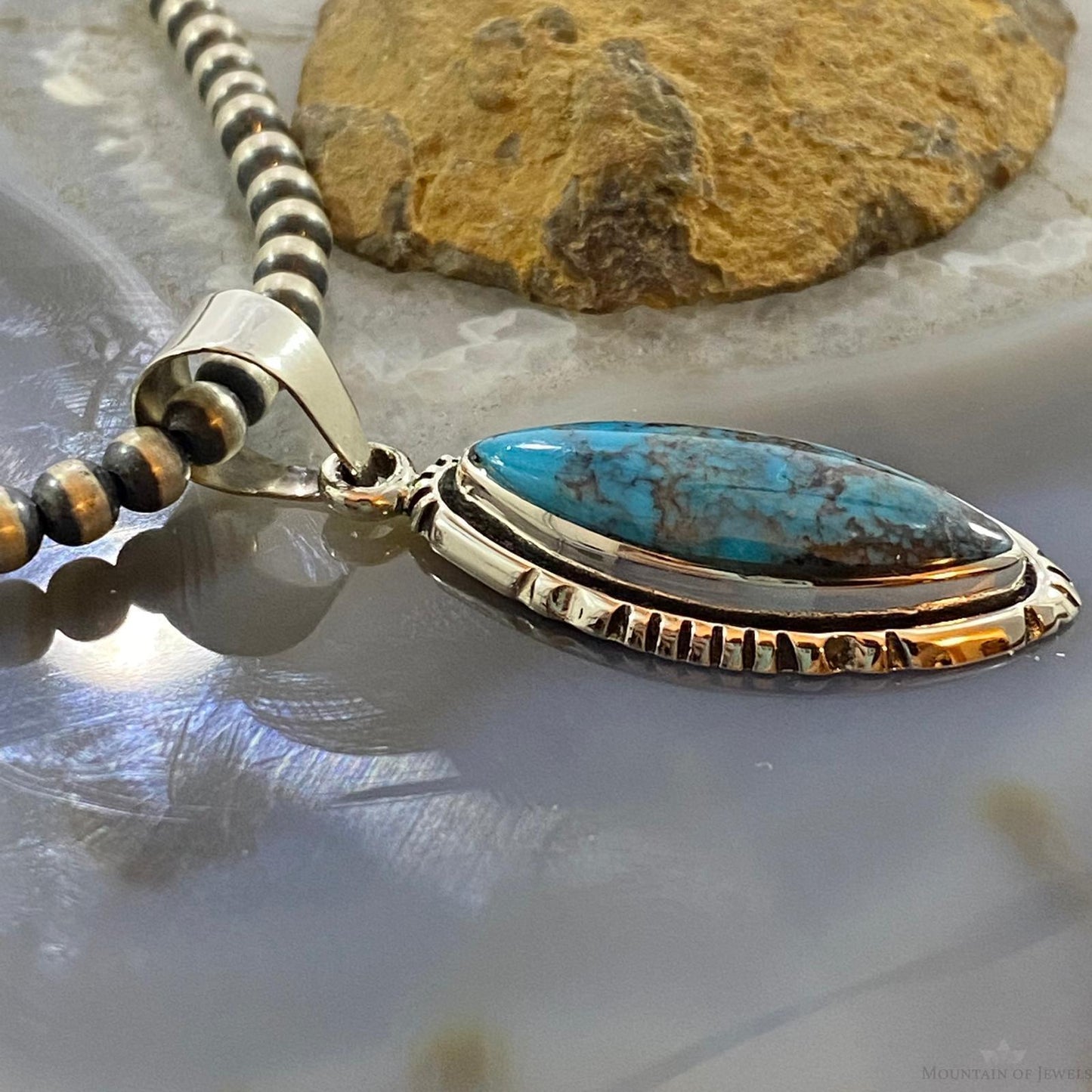 Native American Sterling Silver Turquoise With Matrix Marquise Pendant For Women