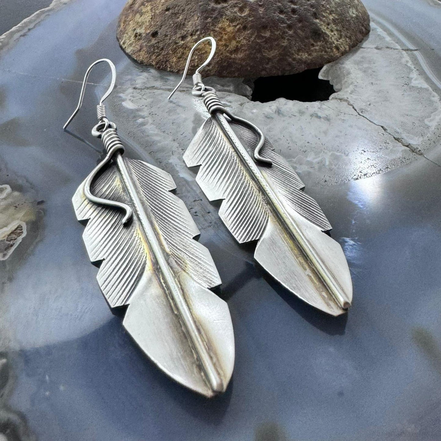 Chris Charley Native American Sterling Silver Large Feather Dangle Earrings For Women