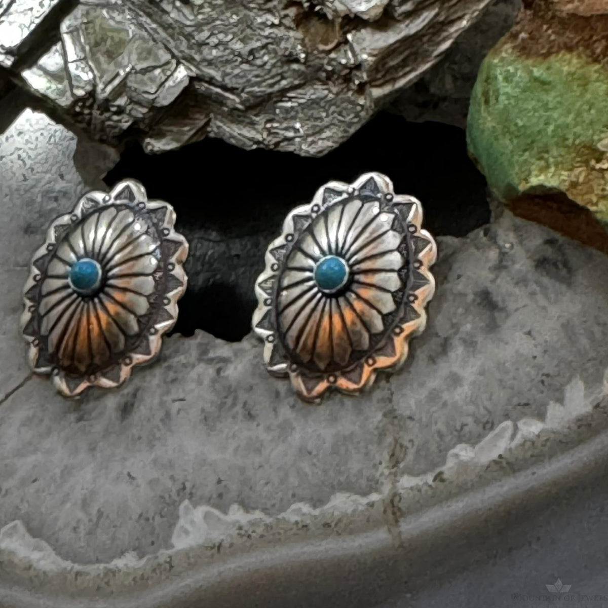 Native American Sterling Silver Turquoise Dot Oval Concho Stud Earrings For Women