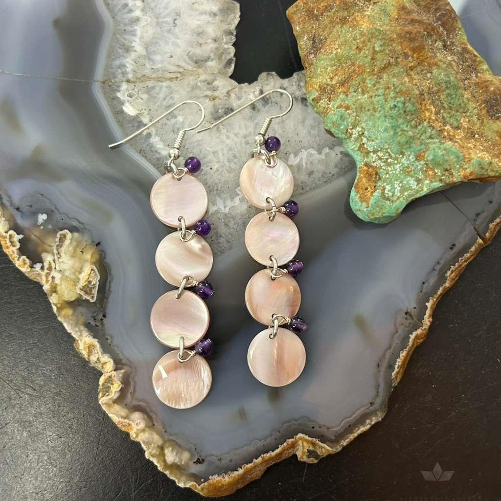 Carolyn Pollack Sterling Silver Pink Mother of Pearl & Amethyst Dangle Earrings