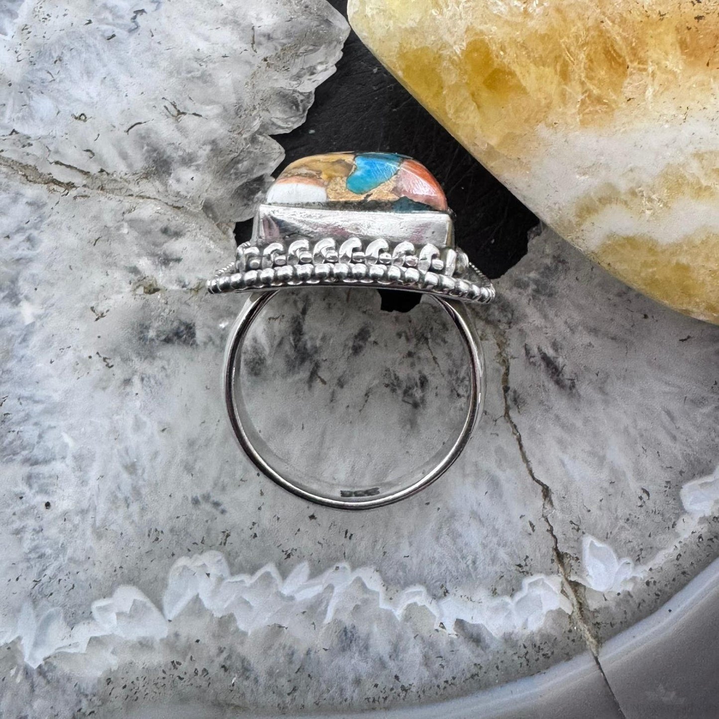 Sterling Silver Southwestern Style Rectangle Composite Spiny Oyster Turquoise Ring 6.75 For Women