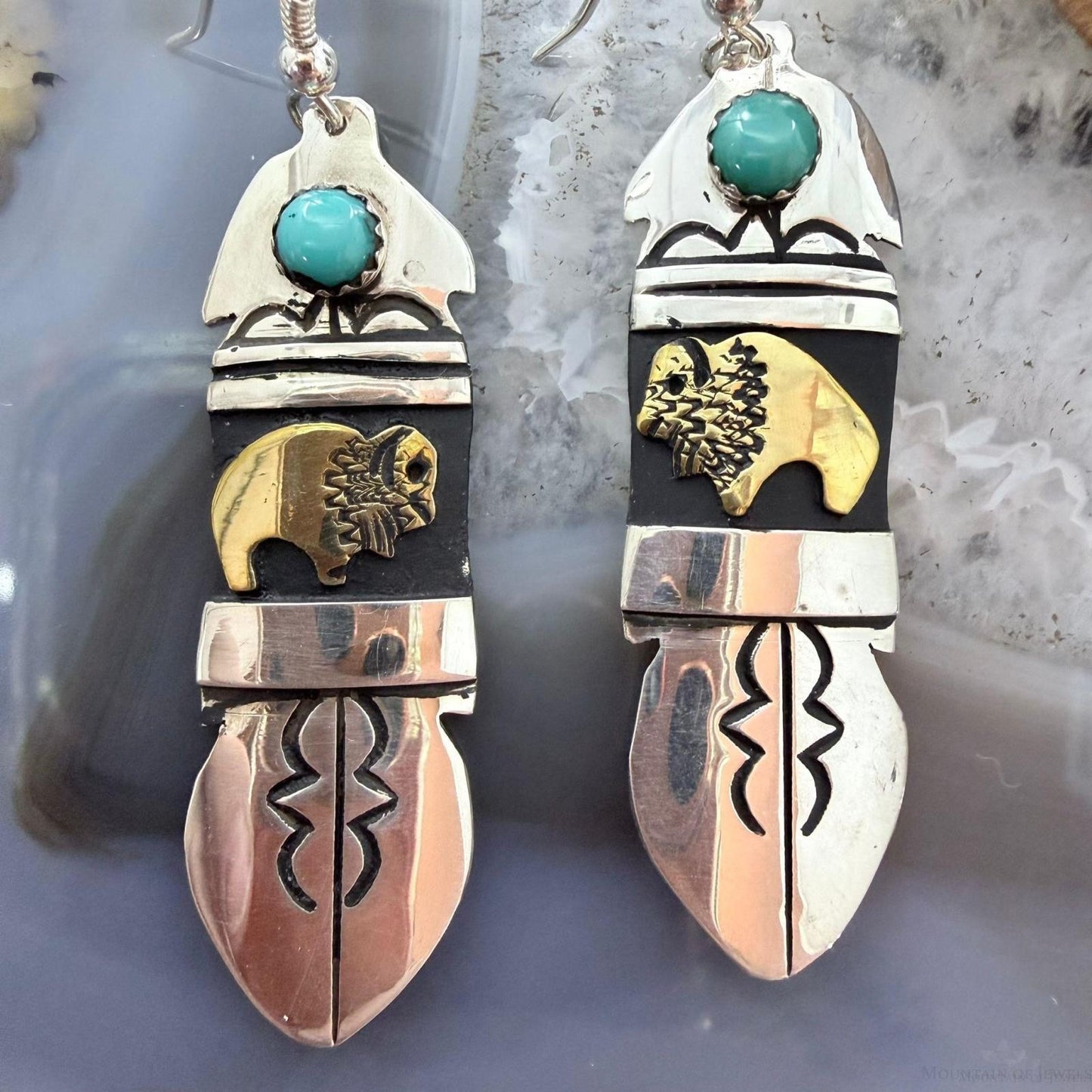 Tommy & Rosita Singer Sterling Silver & GF Bison w/Turquoise Dot Dangle Earrings For Women