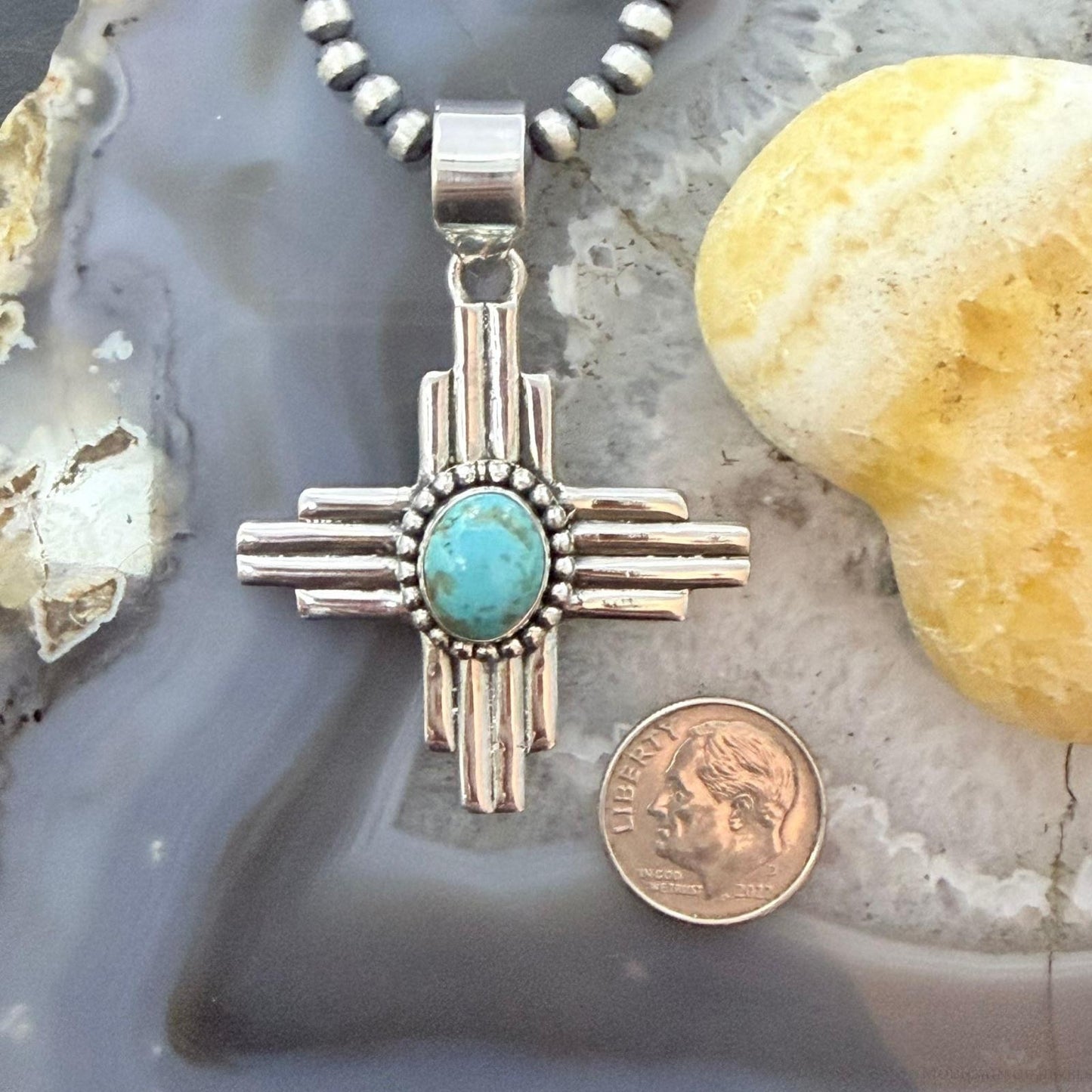 Sterling Silver Southwestern Style Oval Mohave Turquoise Unisex Zia Pendant #1