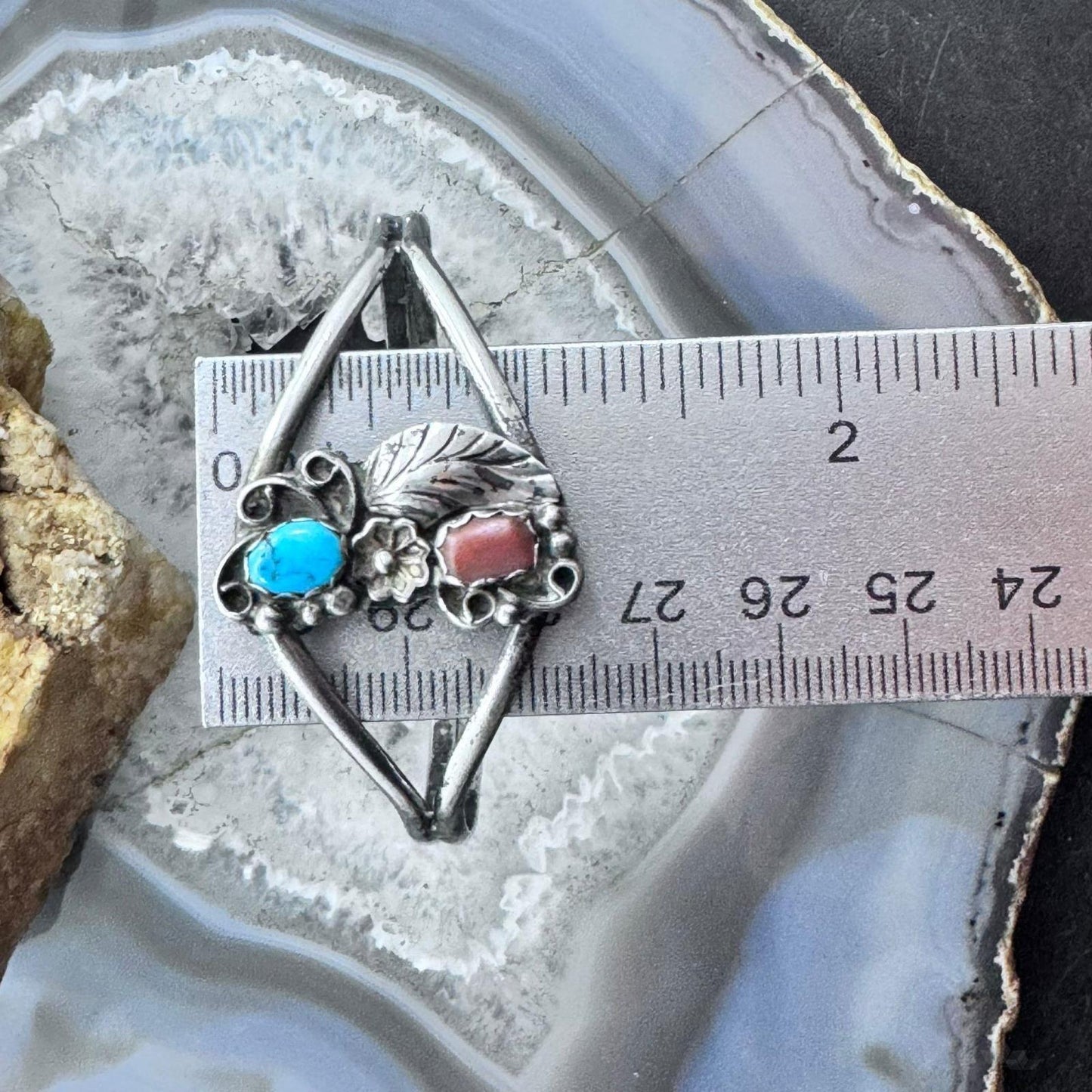 Vintage Native American Silver Turquoise & Coral Decorated Bracelet For Women