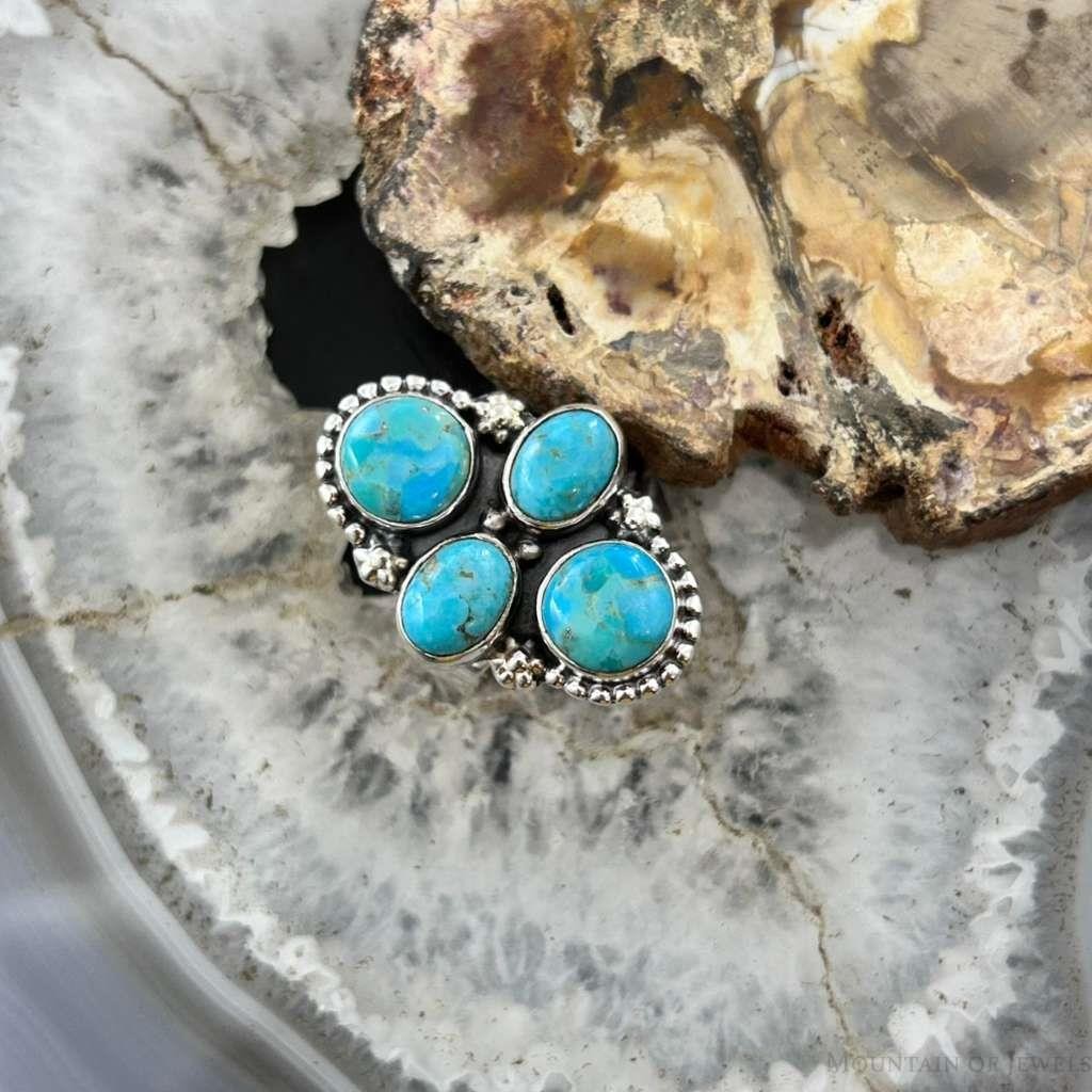 Sterling Silver Southwestern Style Mohave Turquoise Cluster Ring Size 6.75 For Women