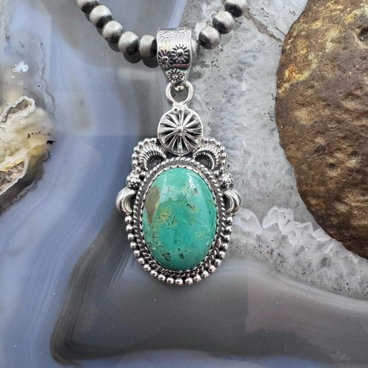 Sterling Silver Southwestern Style Oval Turquoise Decorated Pendant For Women