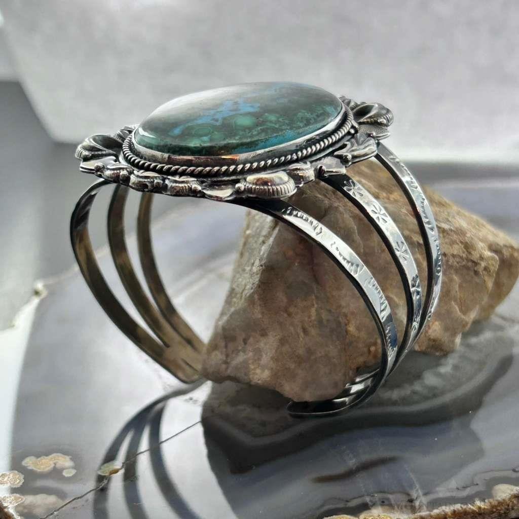 Sterling Silver Southwestern Style Large Oval Azurite Malachite Bracelet For Women