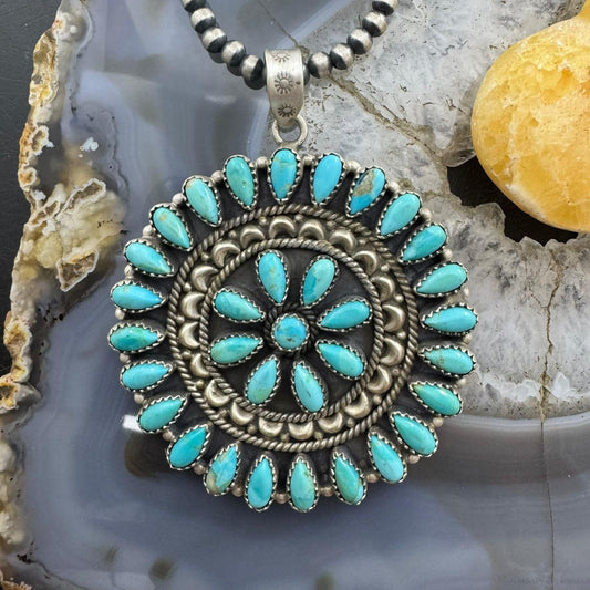 Southwestern Style Sterling Silver Turquoise Decorated Round Cluster Pendant For Women