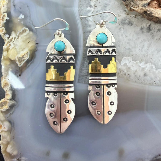 Tommy & Rosita Singer Sterling Silver & GF w/Turquoise Dot Stamped Dangle Earrings For Women