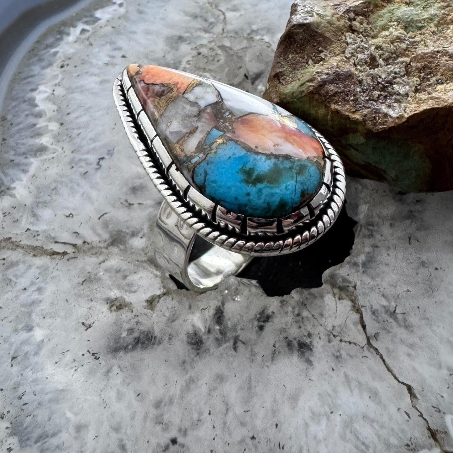 Sterling Silver Southwestern Style Teardrop Composite Spiny Oyster Turquoise Ring 10.75 For Women