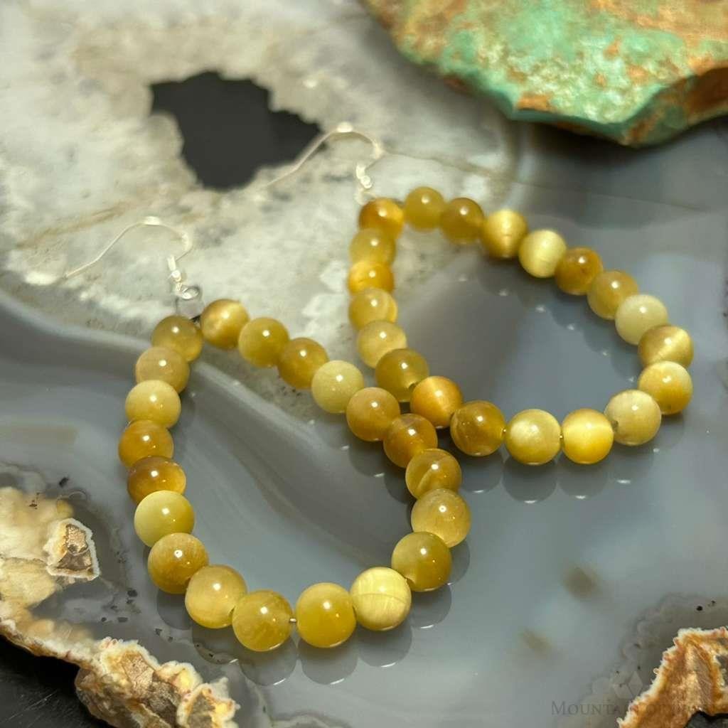 Sterling Silver 6mm Rounded Golden Tiger's Eye Hoop Dangle Earrings For Women