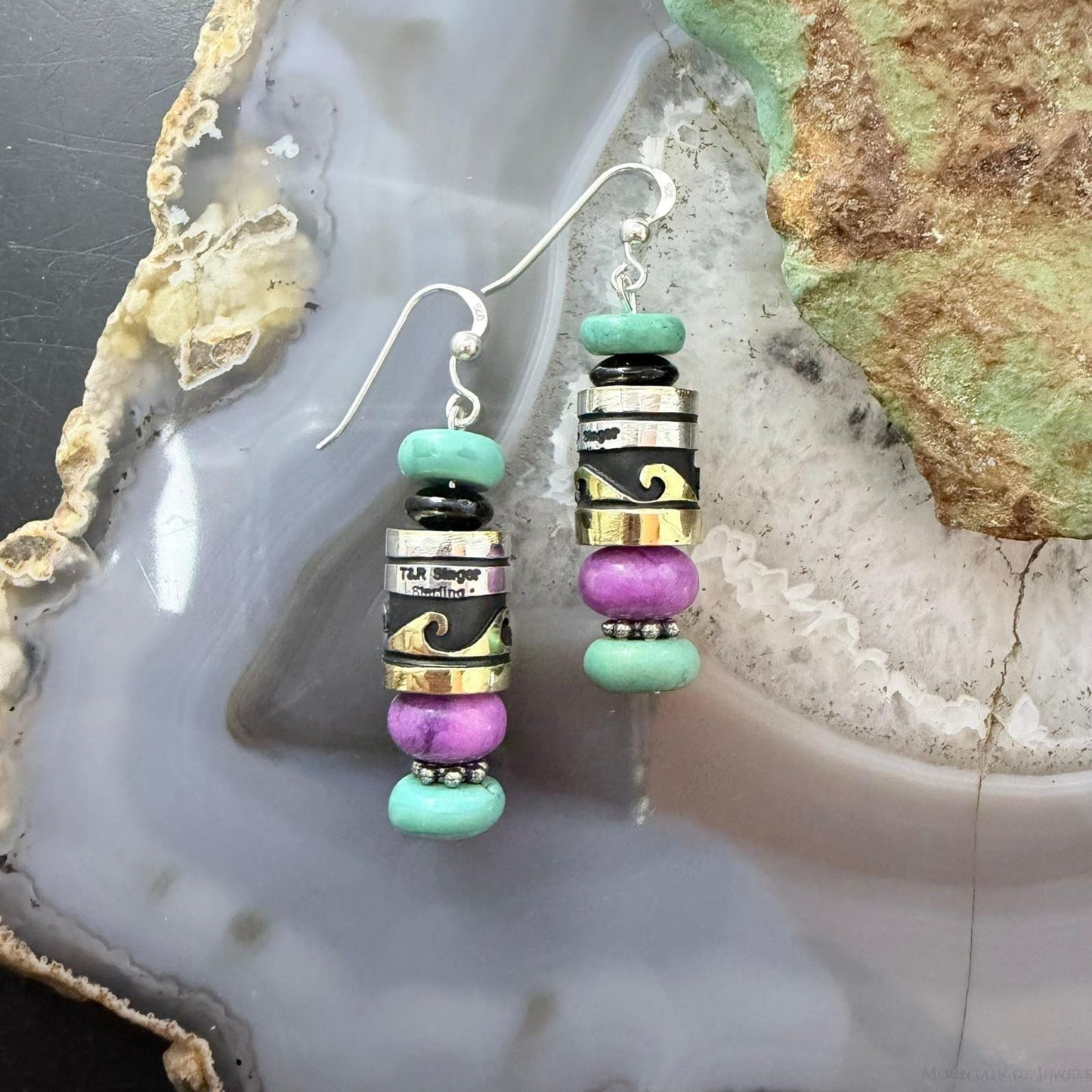 Tommy & Rosita Singer Sterling Silver Turquoise & Charoite Beads Dangle Earrings For Women