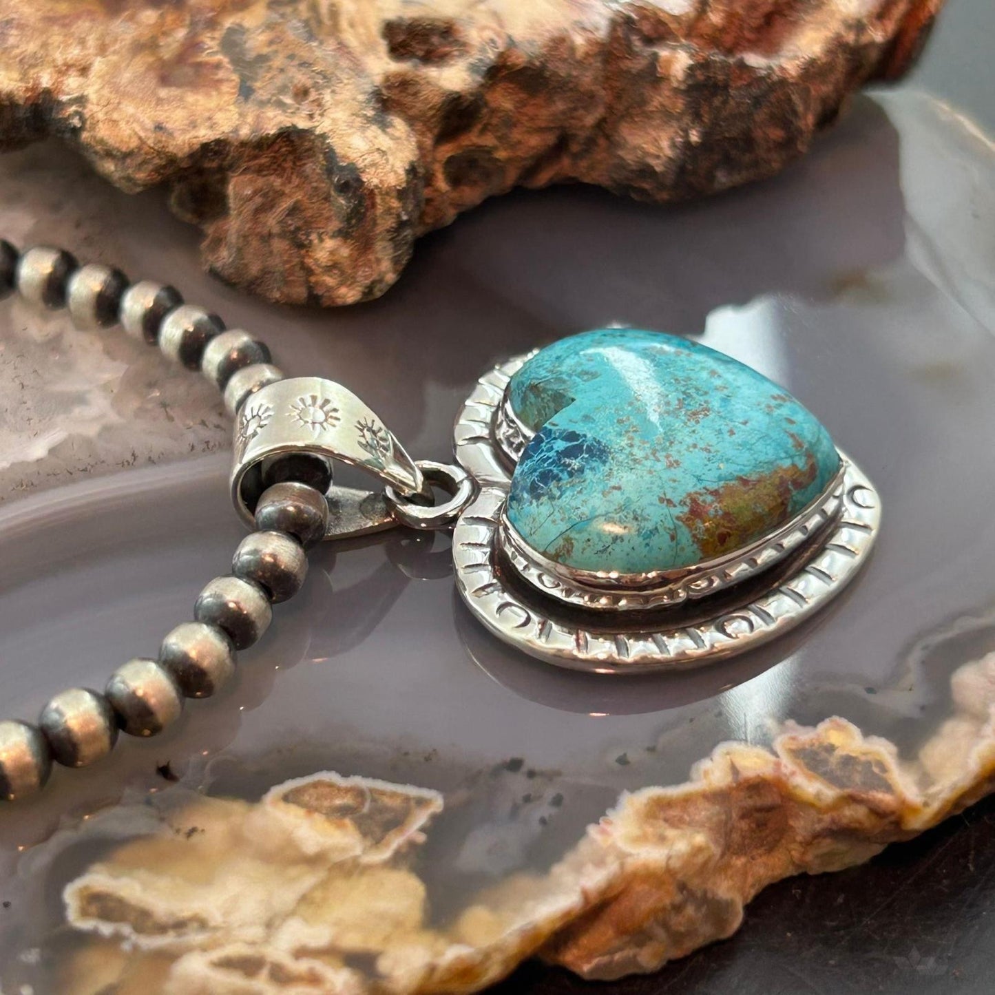 Sterling Silver Southwestern Style Chrysocolla Decorated Heart Pendant For Women