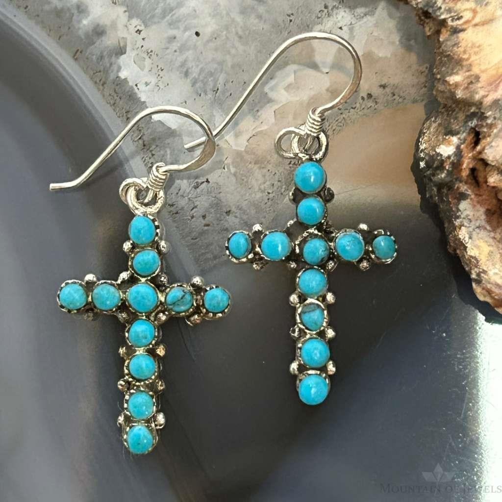 Sterling Silver Southwestern Style Turquoise Cross Dangle Earrings For Women