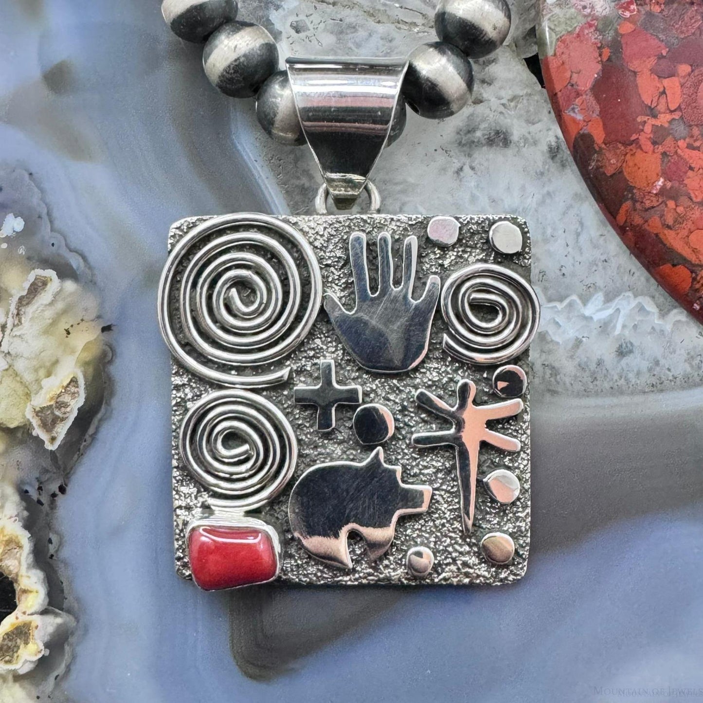 Alex Sanchez Native American Sterling Silver Coral Square Petroglyph Unisex Pendant