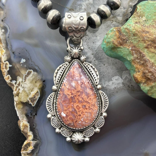 Sterling Silver Southwestern Style Teardrop Red Plum Jasper Decorated Pendant For Women