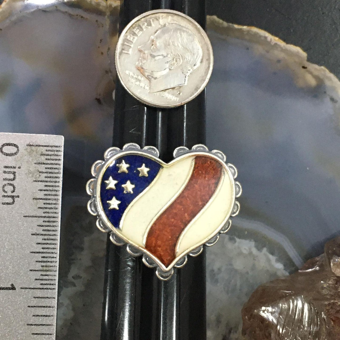 Carolyn Pollack Vintage Southwestern Style Sterling Silver Heart Shape American Flag Ring For Women