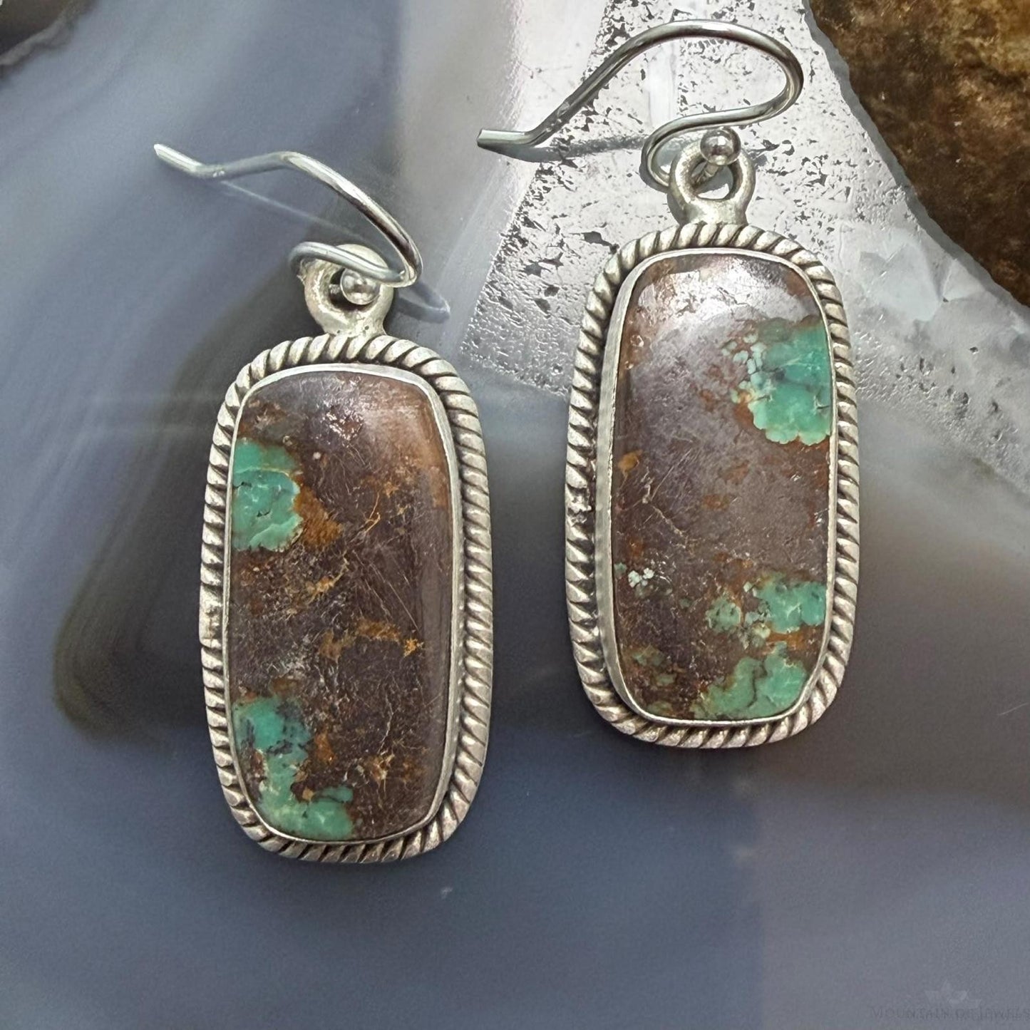 Sterling Silver Southwestern Style Rectangle Royston Turquoise Dangle Earrings For Women