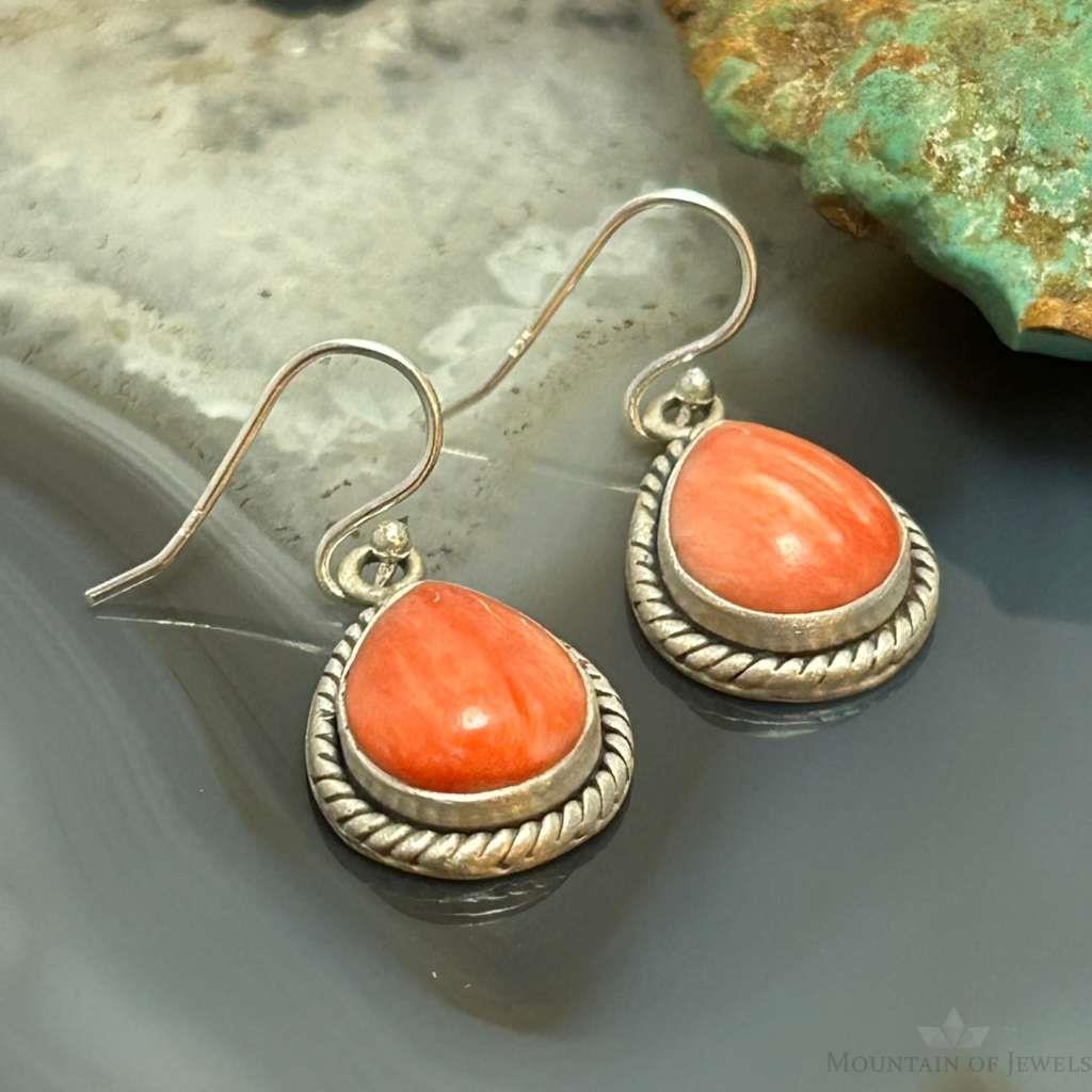 Sterling Silver Southwestern Style Teardrop Spiny Oyster Dangle Earrings For Women