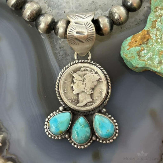 Genuine 1927 90% Silver Mercury Dime Coin w/Teardrop Turquoise Decorated Unisex Pendant