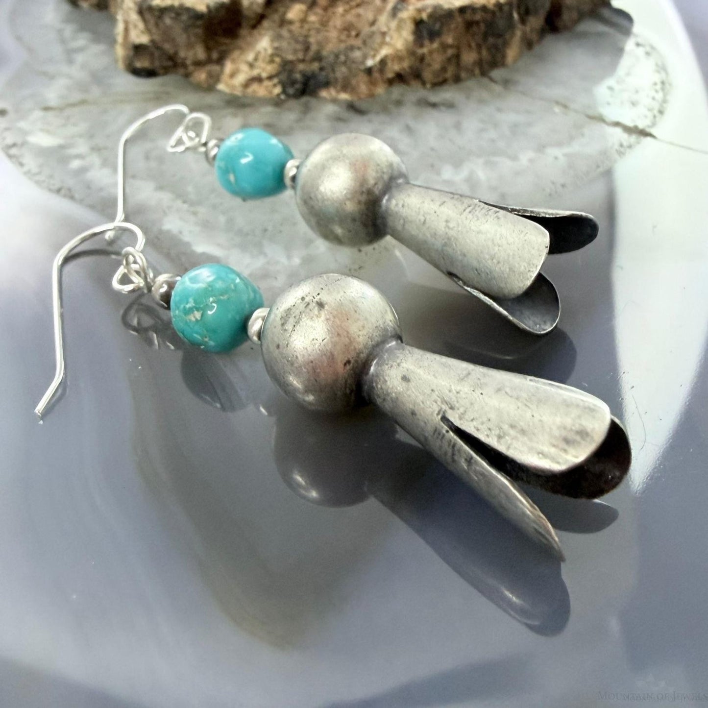 Sterling Silver Southwestern Style Squash Blossom Turquoise Dangle Earrings For Women