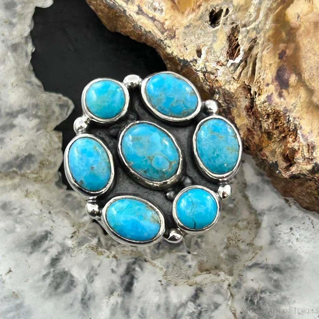 Sterling Silver Southwestern Style Mohave Turquoise Cluster Ring Size 7.75 For Women