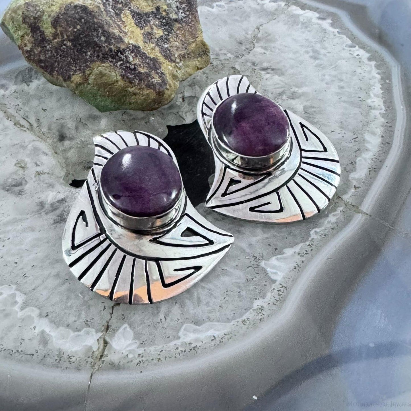 Abraham Begay Native American Sterling Silver Purple Spiny Oyster Overlay Post Earrings For Women