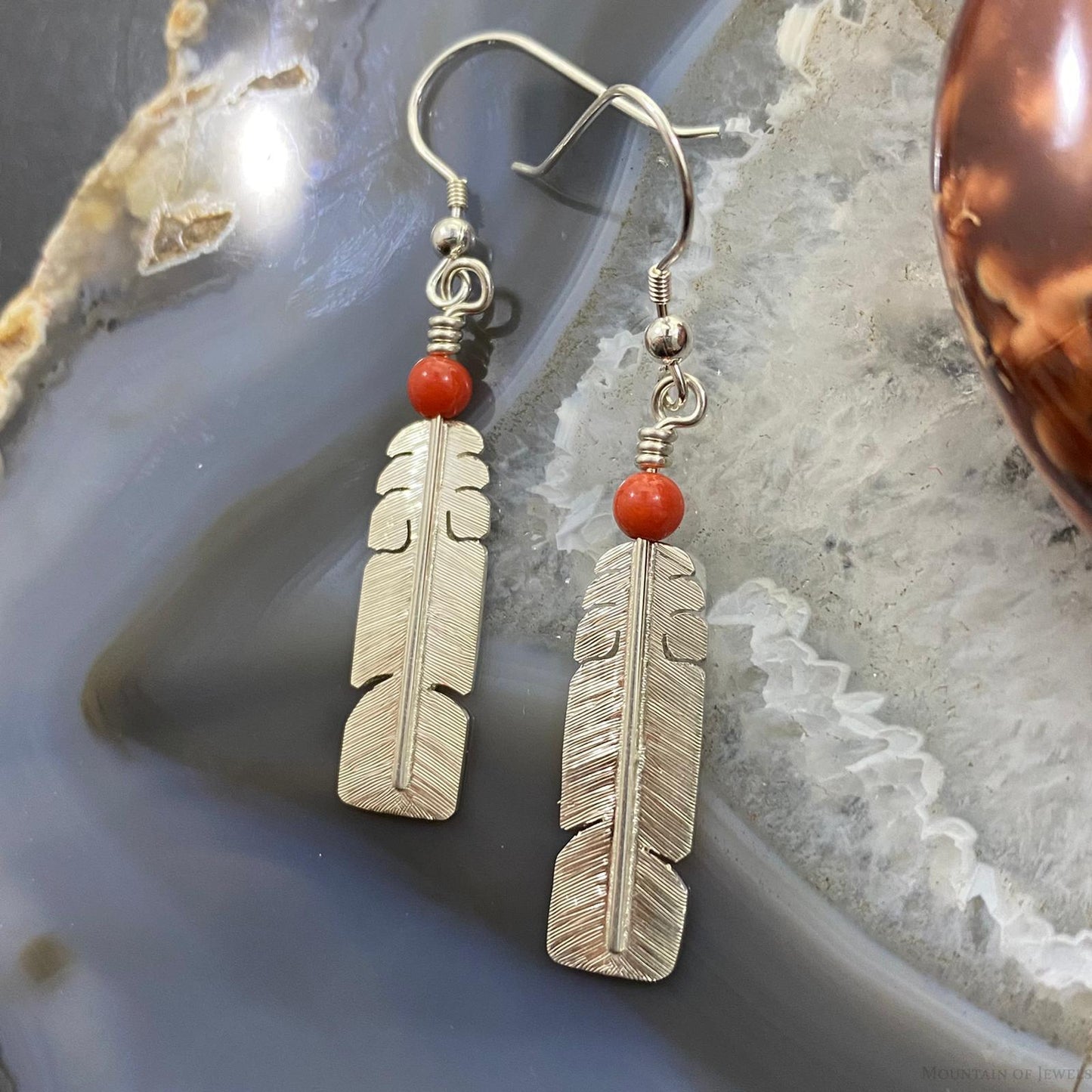 David Kuticka Native American Sterling Silver Feather w/Coral Dangle Earrings #2