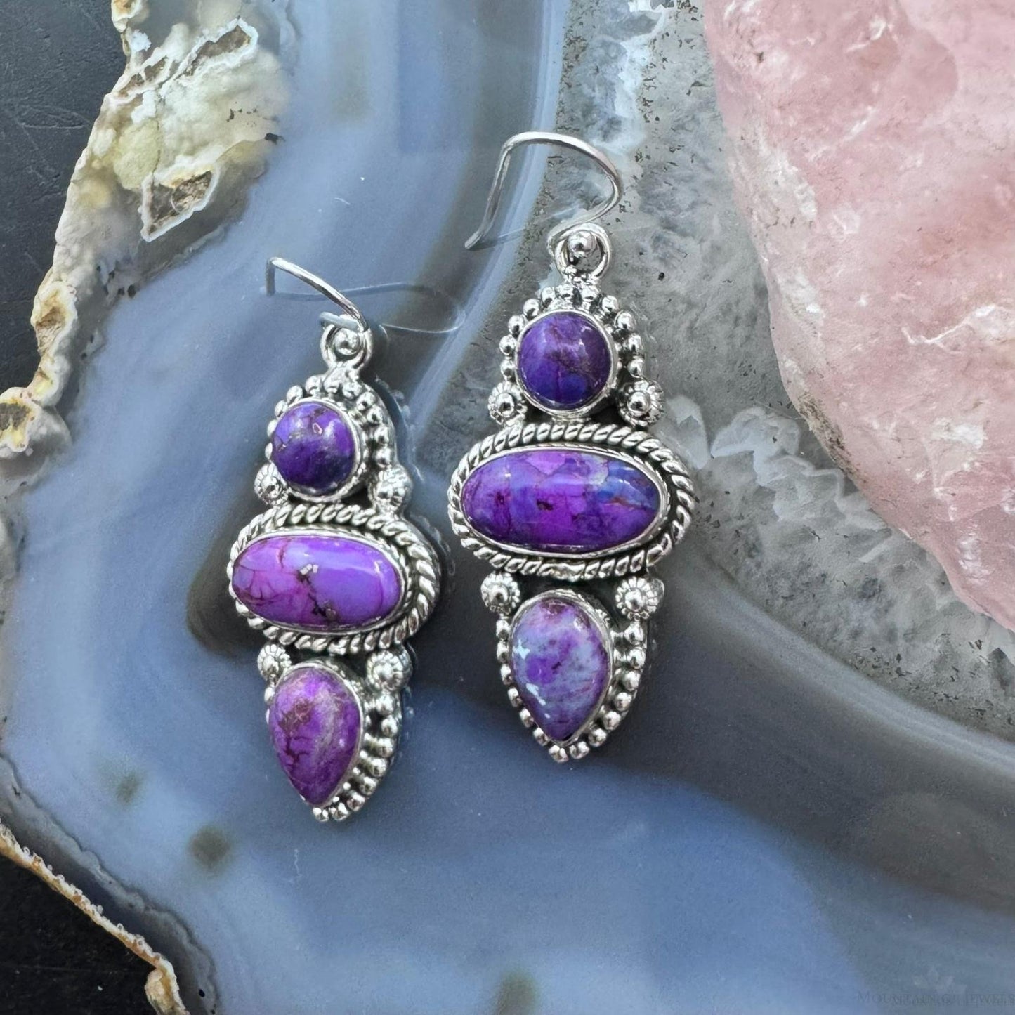 Sterling Silver Southwestern Style 3 Purple Dahlia Decorated Dangle Earrings For Women