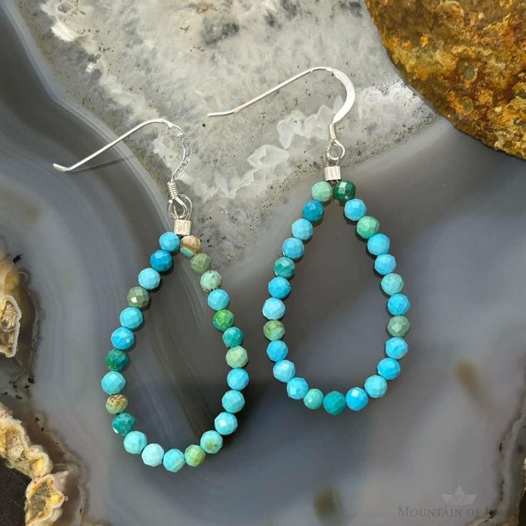 Sterling Silver Faceted Variety of Turquoise Shades Beads Hoop Earrings For Women