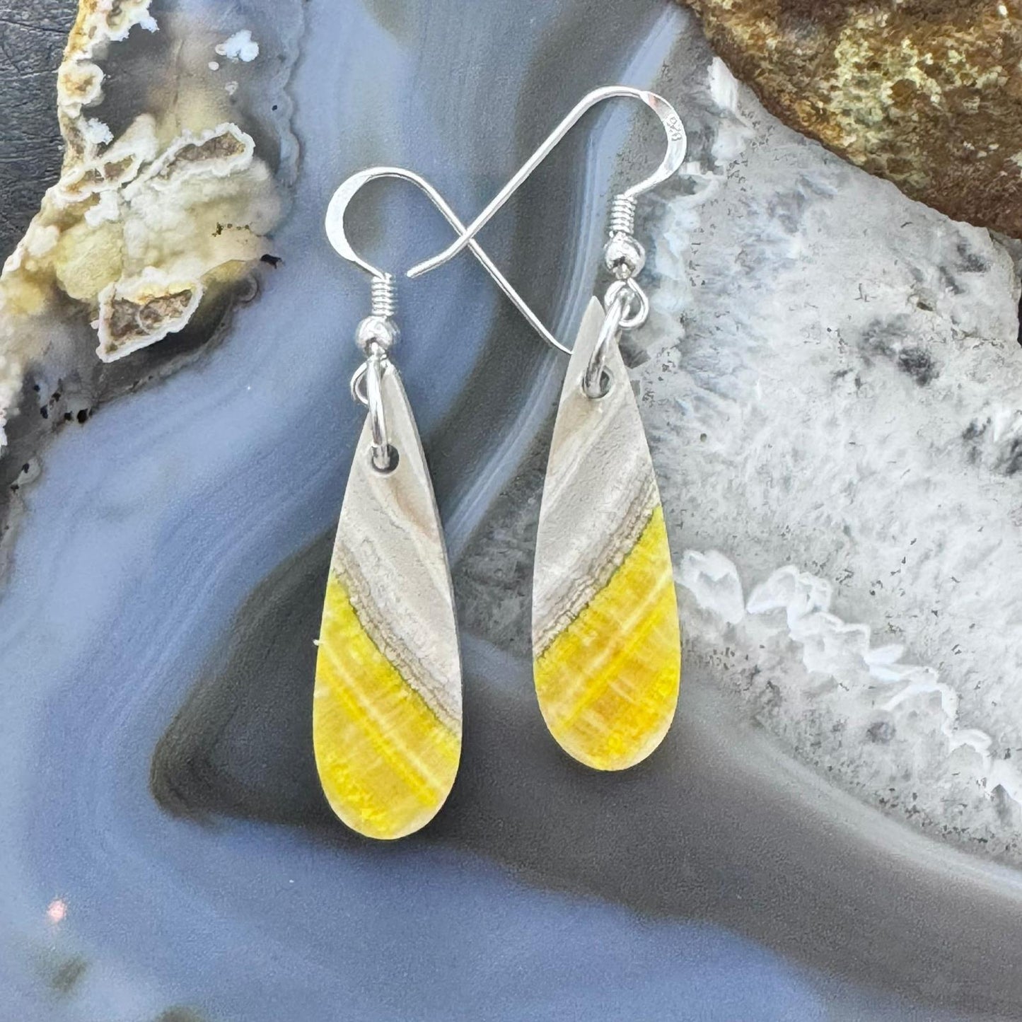 Sterling Silver Teardrop Bumblebee Jasper Slab Dangle Earrings For Women #175