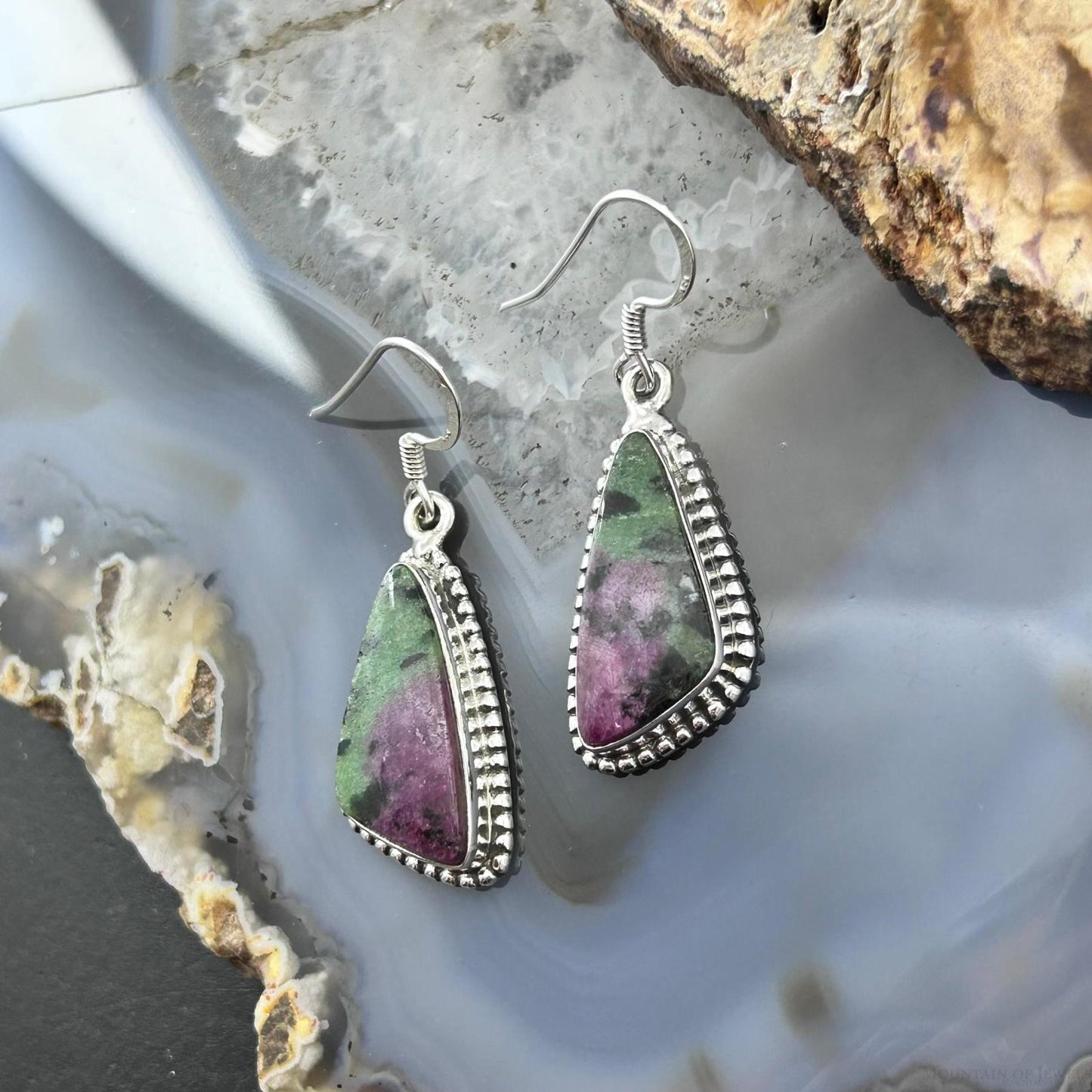 Sterling Silver Southwestern Style Triangular Ruby Zoisite Dangle Earrings For Women