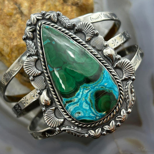 Sterling Silver Southwestern Style Elongated Teardrop Malachite Azurite Bracelet For Women