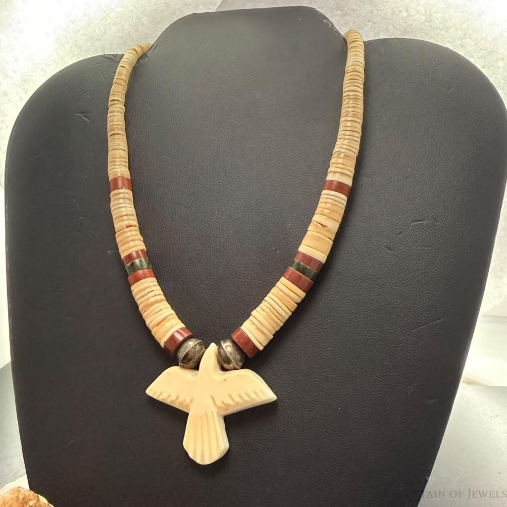 Vintage Native American Shell Beads & Jasper w/ Bird Pendant Necklace For Women