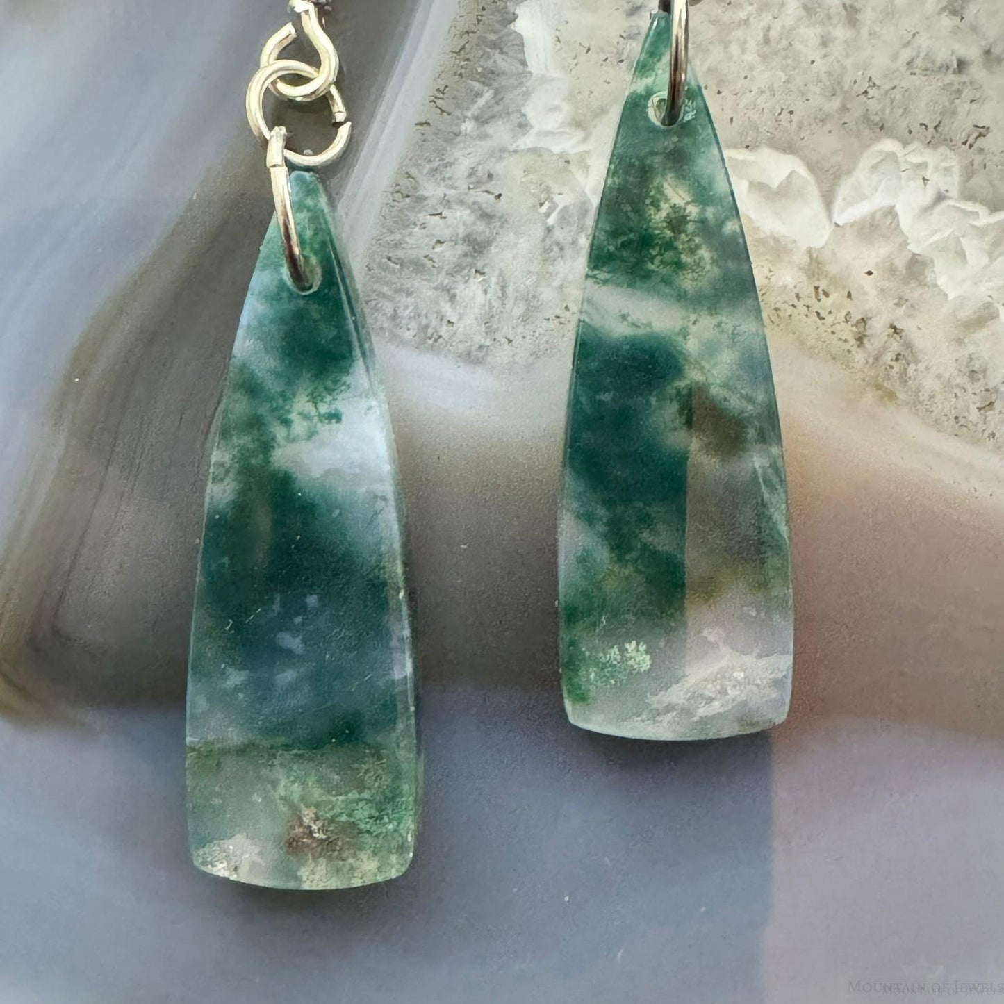 Sterling Silver Triangle Moss Agate Slab Dangle Earrings For Women #234